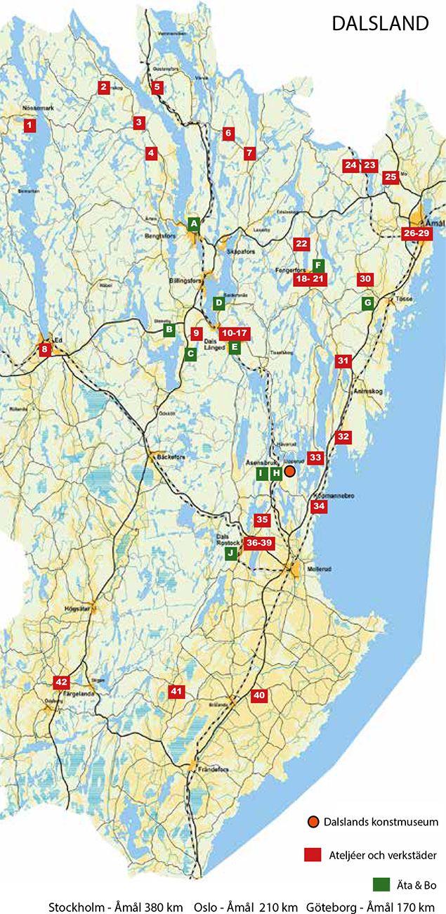Översiktskarta med deltagarnas nummer – Konstvandring i Dalsland